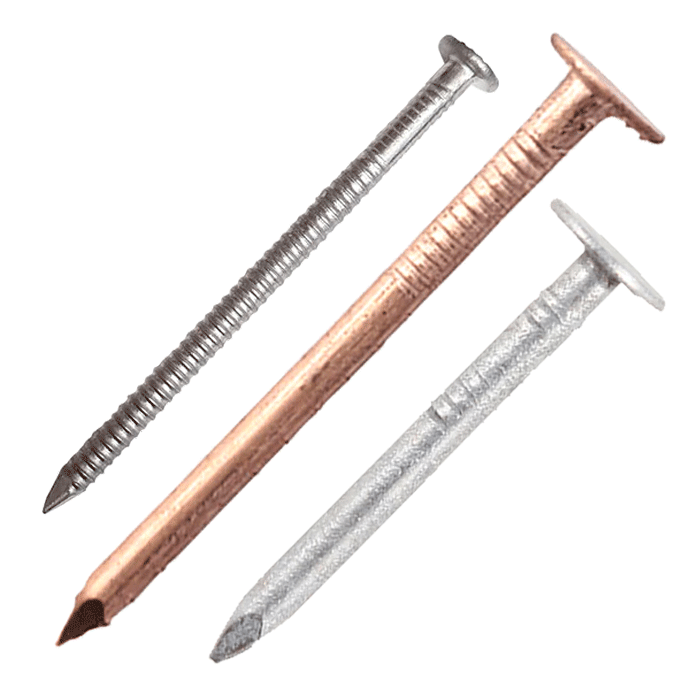 Annular ring shank nails are available in a bright steel, A2 stainless steel and sheradised steel variety of sizes and 