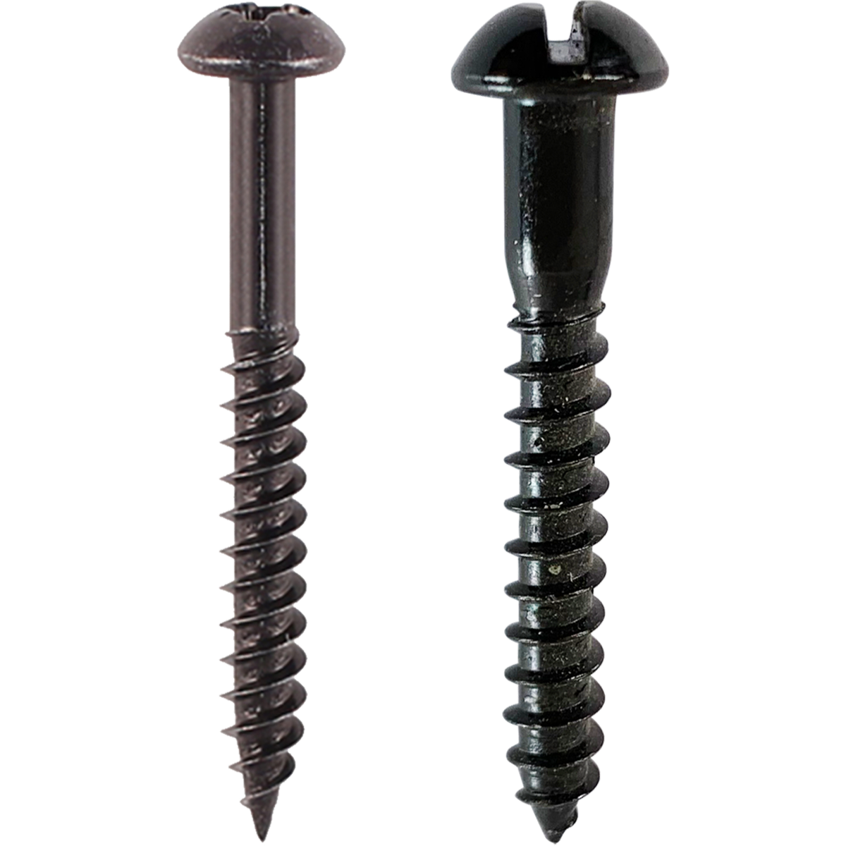 Black wood screws in carbon steel and coated for corrosion resistance.