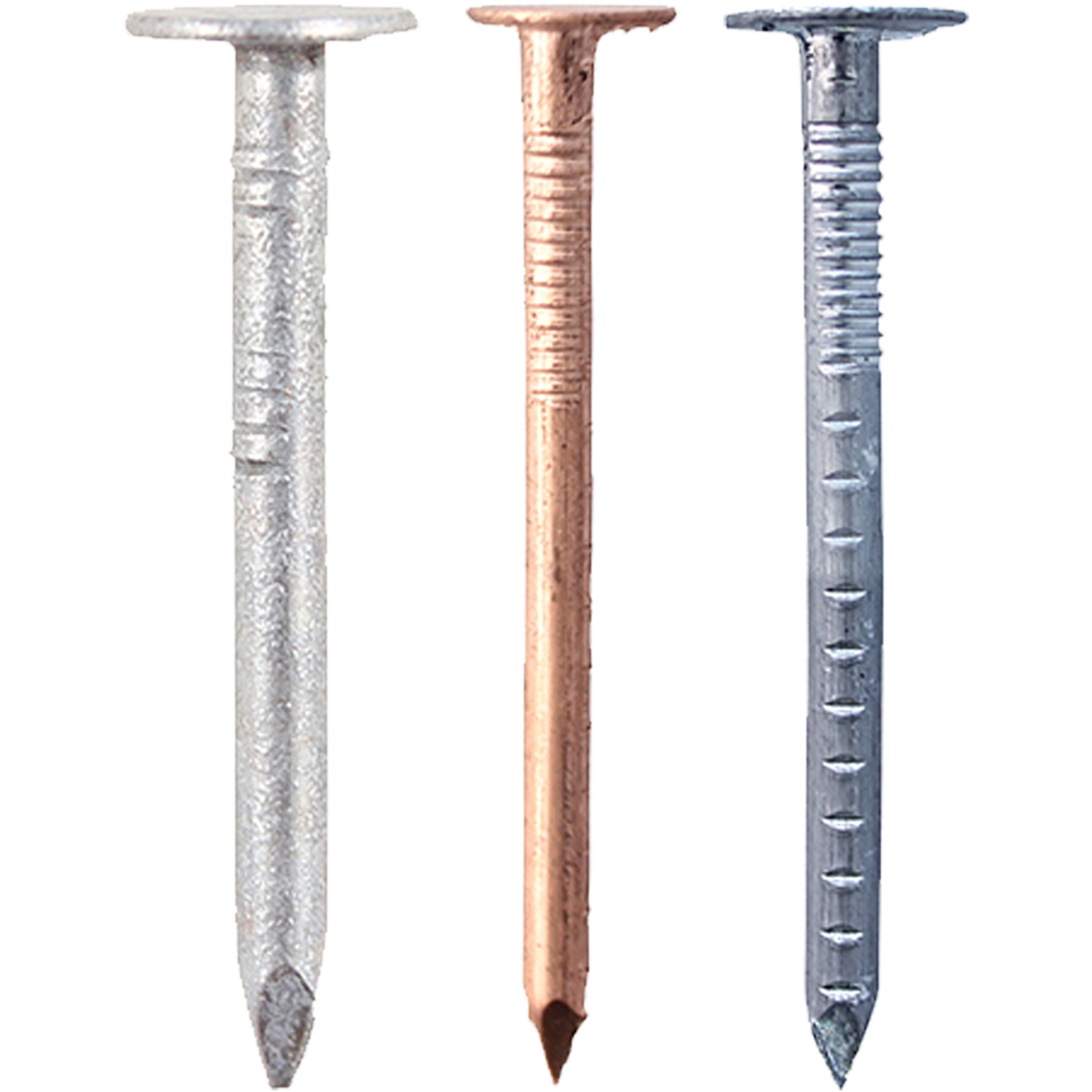 Clout nails in a selection of materials including copper, aluminium and galvanised in various sizes