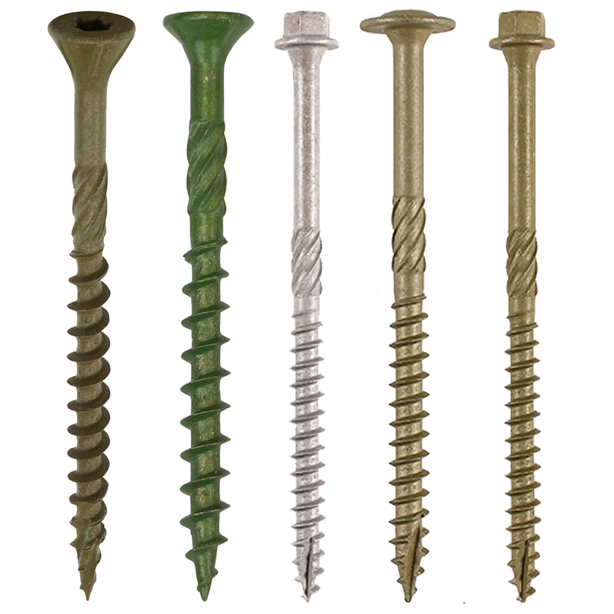 Decking screws with a deep thread and organic green passivation, which has been saltwater tested, making them ideal for external use.