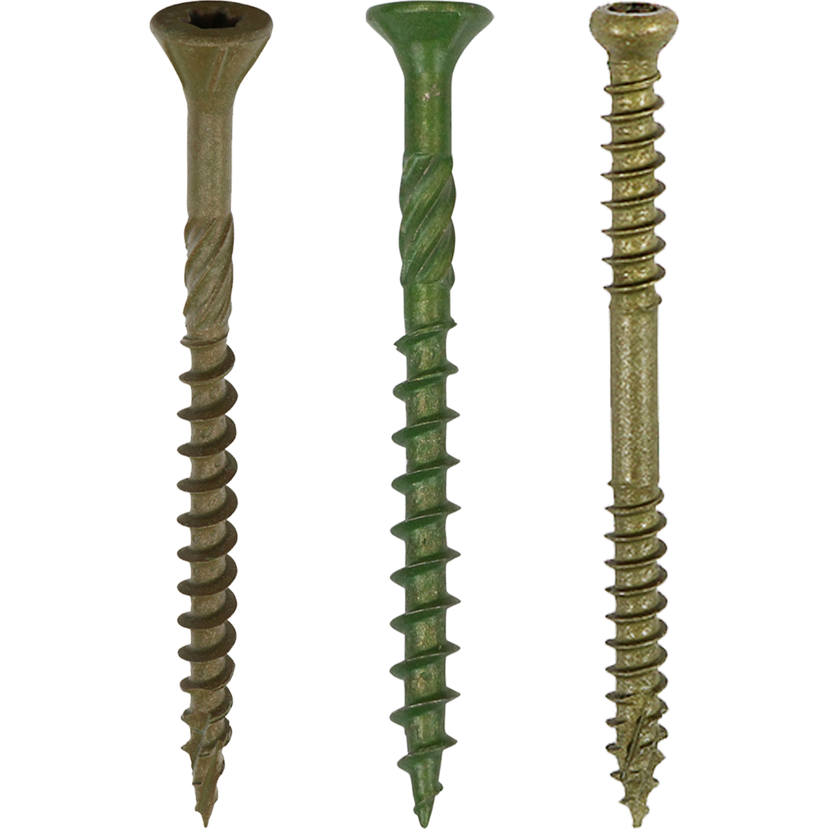 Decking screws with a deep thread and organic green passivation, which has been saltwater tested, making them ideal for external use.