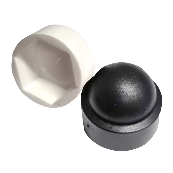 Hex Dome Nylon Cover Caps in black or white. Ideal for covering hex nuts and bolts for a clean and professional finish