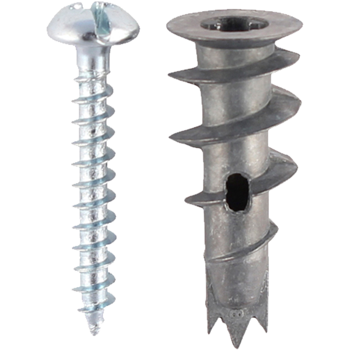 Metal plasterboard wall plugs. A wall plug used with plasterboard. Known as a speed plug and has a flat drilling end and a deep, broad thread and thick shaft allowing for a good fixing.