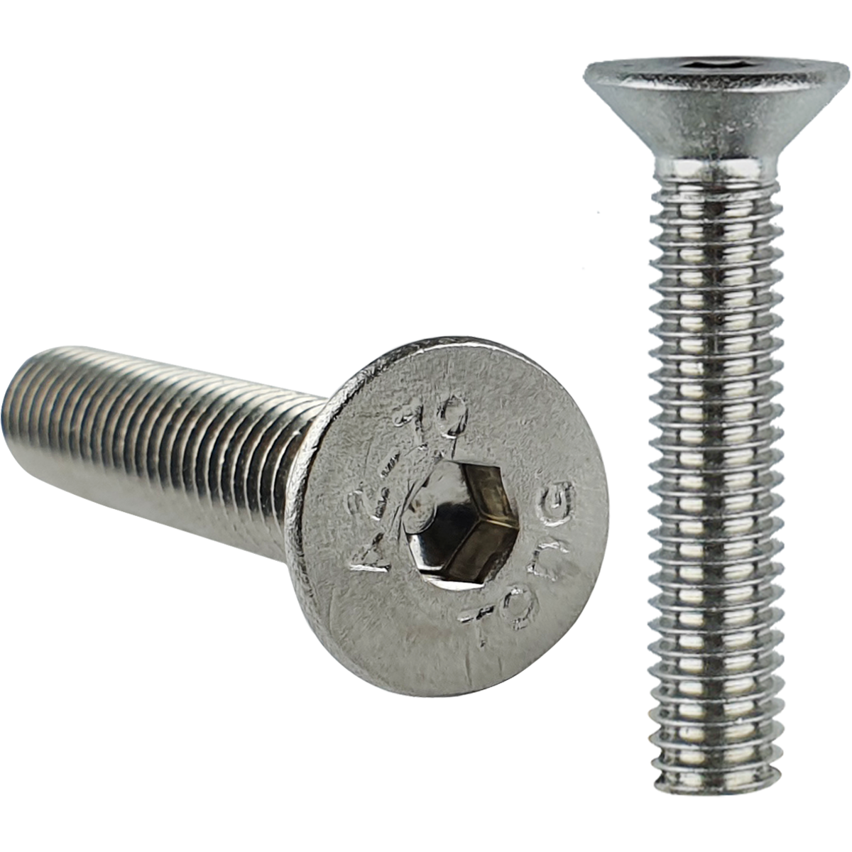 Socket, countersunk machine screws. A screw, fully threaded along its length, with a countersunk head and hex recess. A range of sizes and materials available.