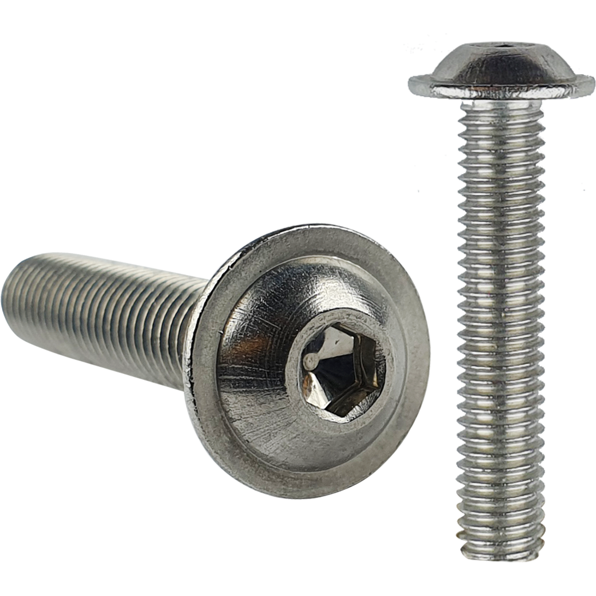 Corrosion resistant A2 stainless steel flanged button head socket machine screws in various sizes.