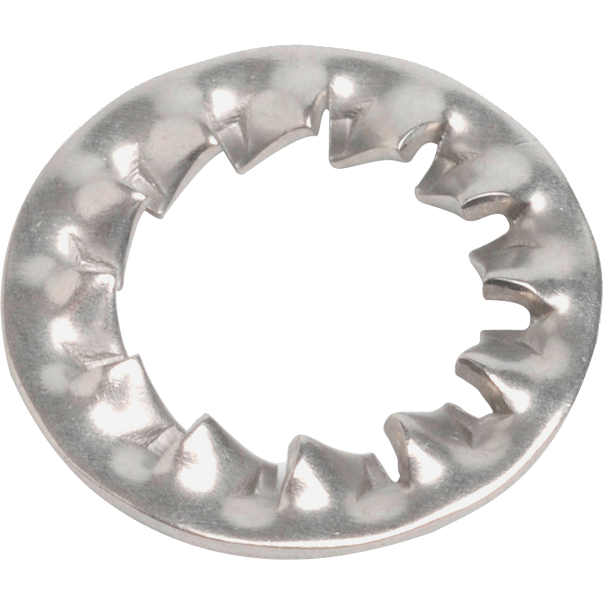 Serrated fine tooth locking washers with internal teeth to prevent the fastener from coming loose over time, especially in locations where vibration might be an issue.