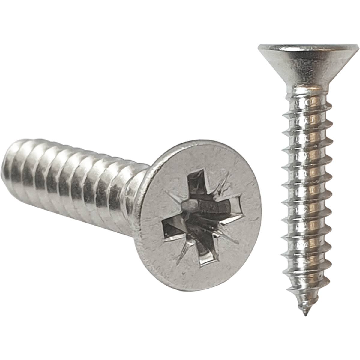 A2 stainless steel, corrosion resistant, countersunk self tapping screws, also known as self tappers, with a Pozi recess.