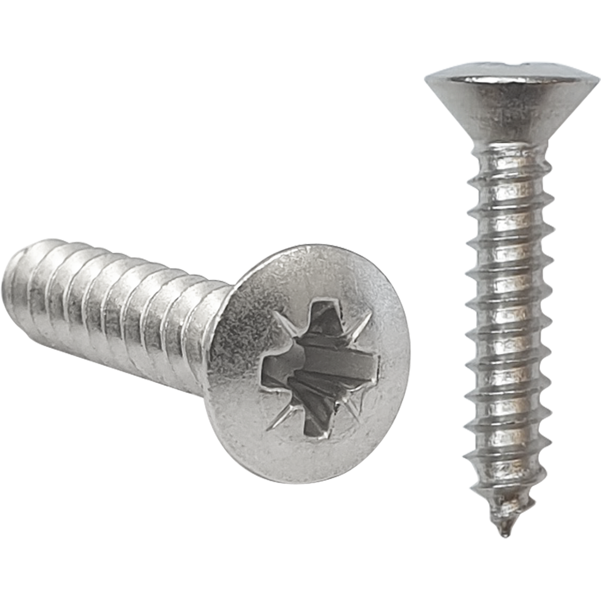 Corrosion resistant self-tapping screws in A2 stainless steel with raised countersunk head and a Pozi drive recess.