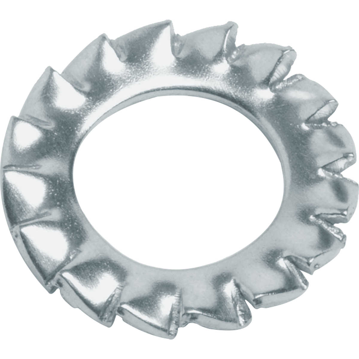 Externally serrated washers. Also known as shake-proof washers, serrated lock washers, or tooth lock washers.