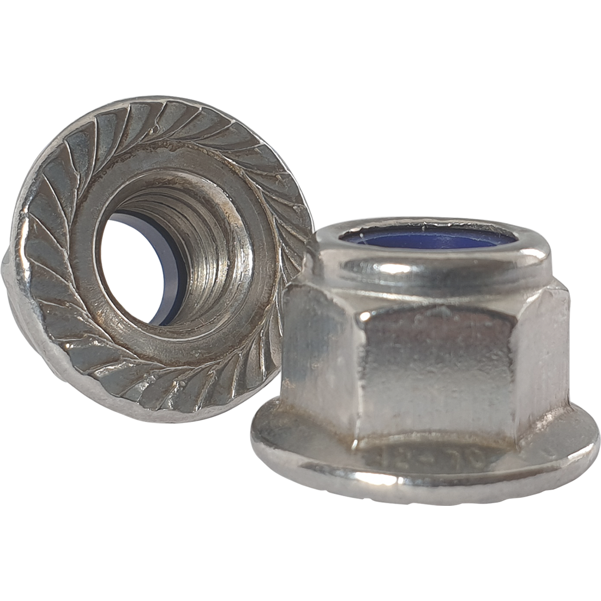Corrosion resistant A2 stainless steel serrated flanged nyloc nuts.