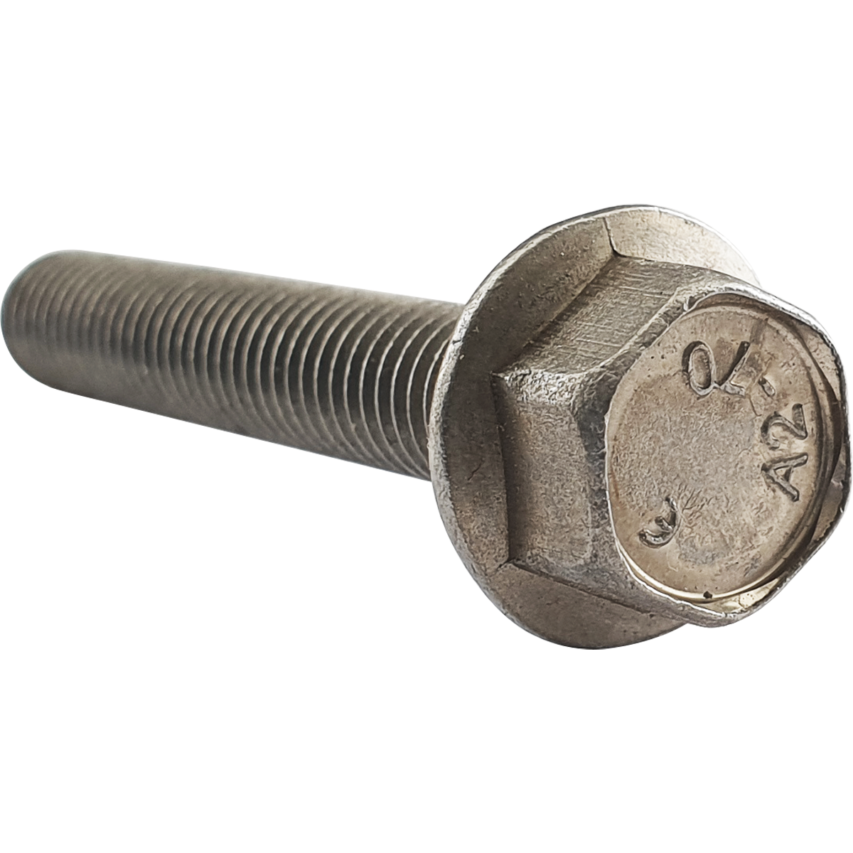 Metric - A2 stainless steel, serrated, flanged bolts, also known as flanged hex bolts.
