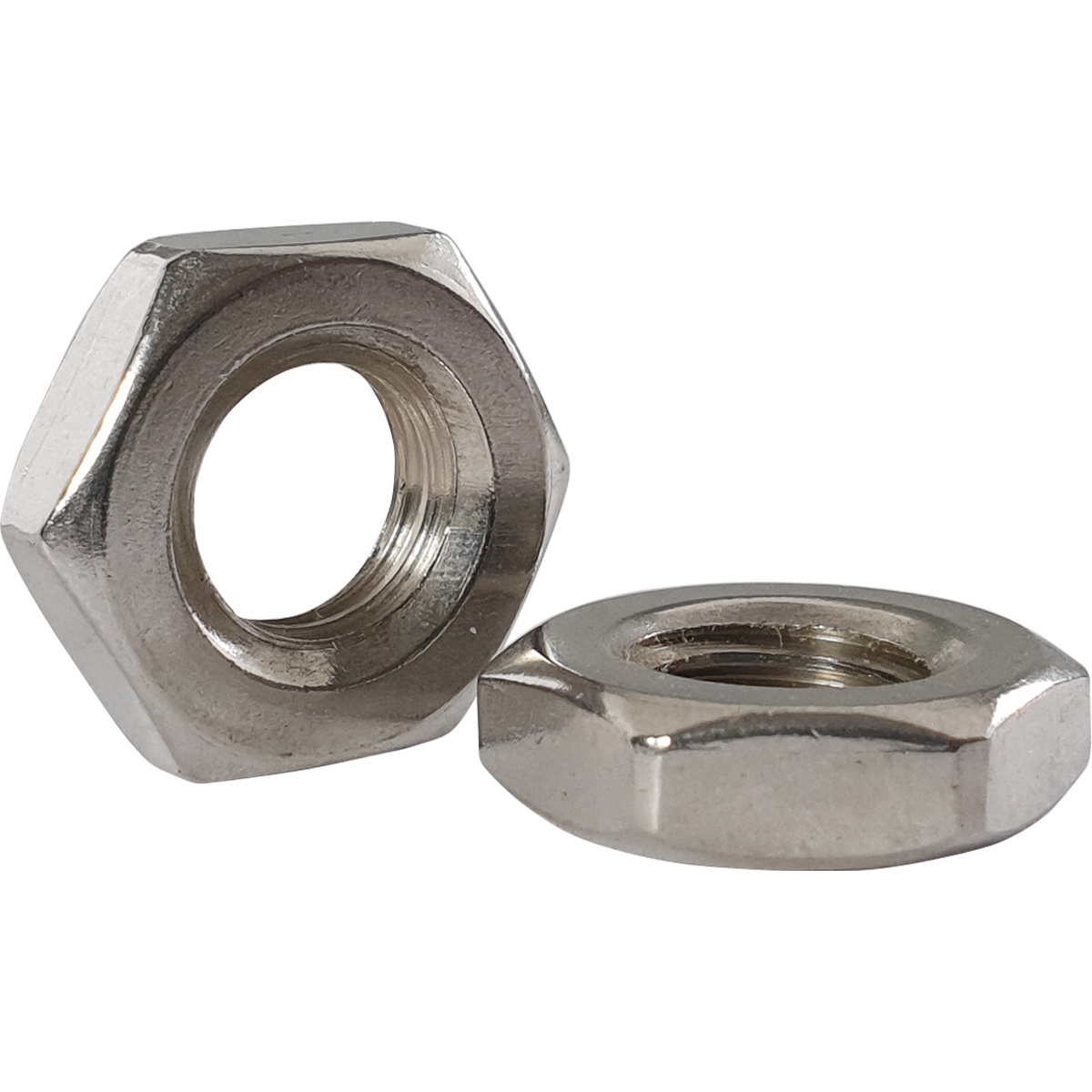 Competitive prices and bulk discounts available on these A2 stainless steel hexagon thin lock nuts. Also known as hex half nuts, or hex lock nuts.