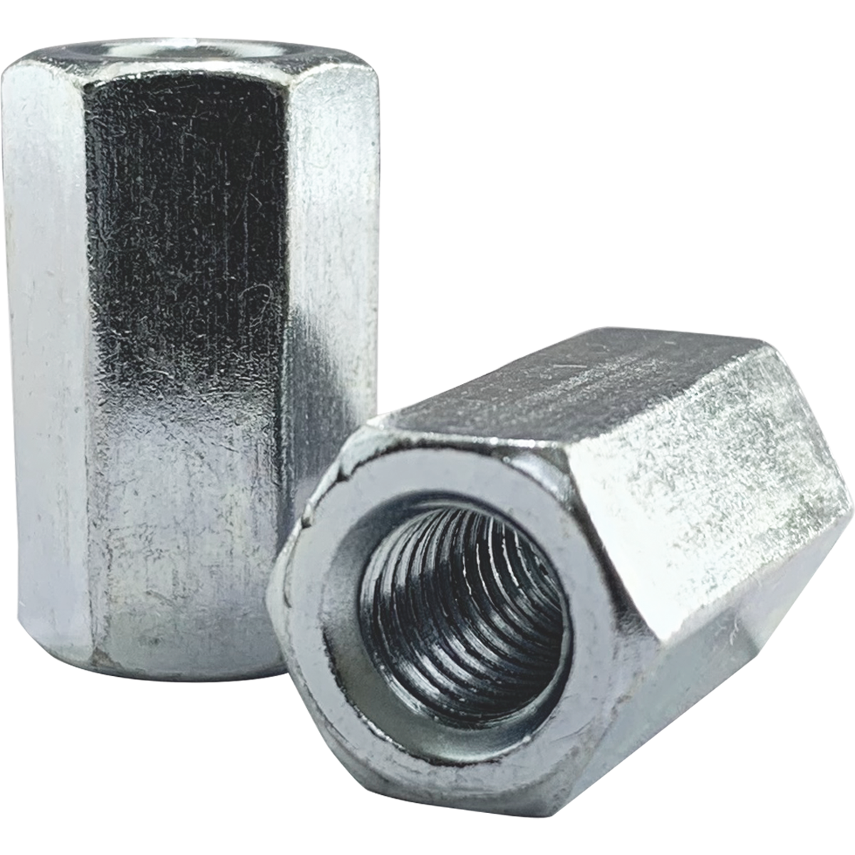 BZP-Bright Zinc Plated, hexagonal stud connector nuts. Also known as extension nuts are available at great prices and in a range of diameters. Ideal for joining bolts and threaded bar