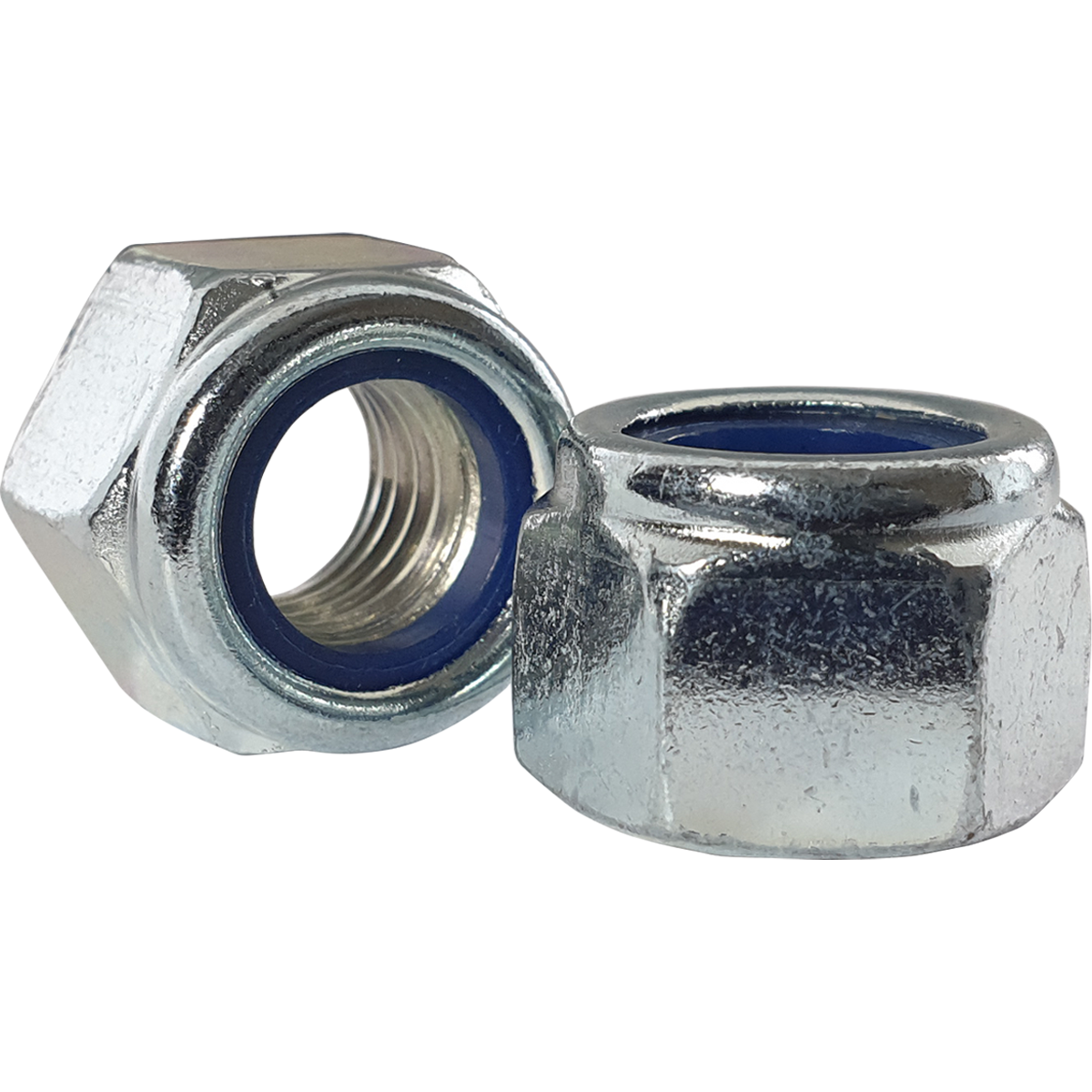 BZP (Bright Zinc Plated), high-type, nylon insert nuts, which are also known as nyloc nuts or nylon insert lock nuts.