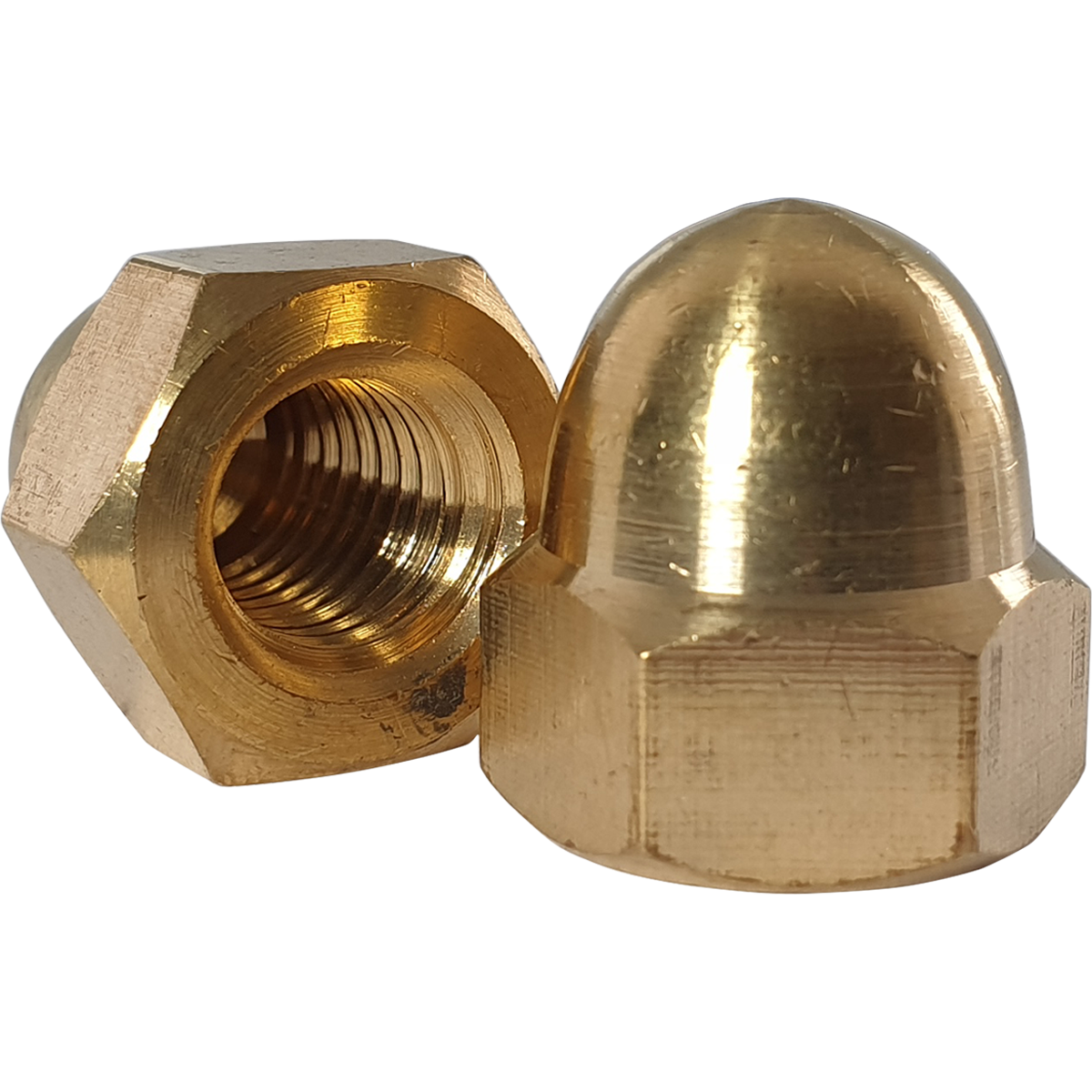 Brass dome head nuts with a hexagonal base and rounded side for use on threaded ends for an aesthetic finish. 