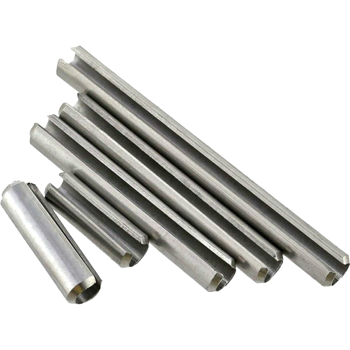 Slotted spring pins available in a variety of sizes. Used where a more ridged connection is needed within the drilled hole and to join two adjacent components.