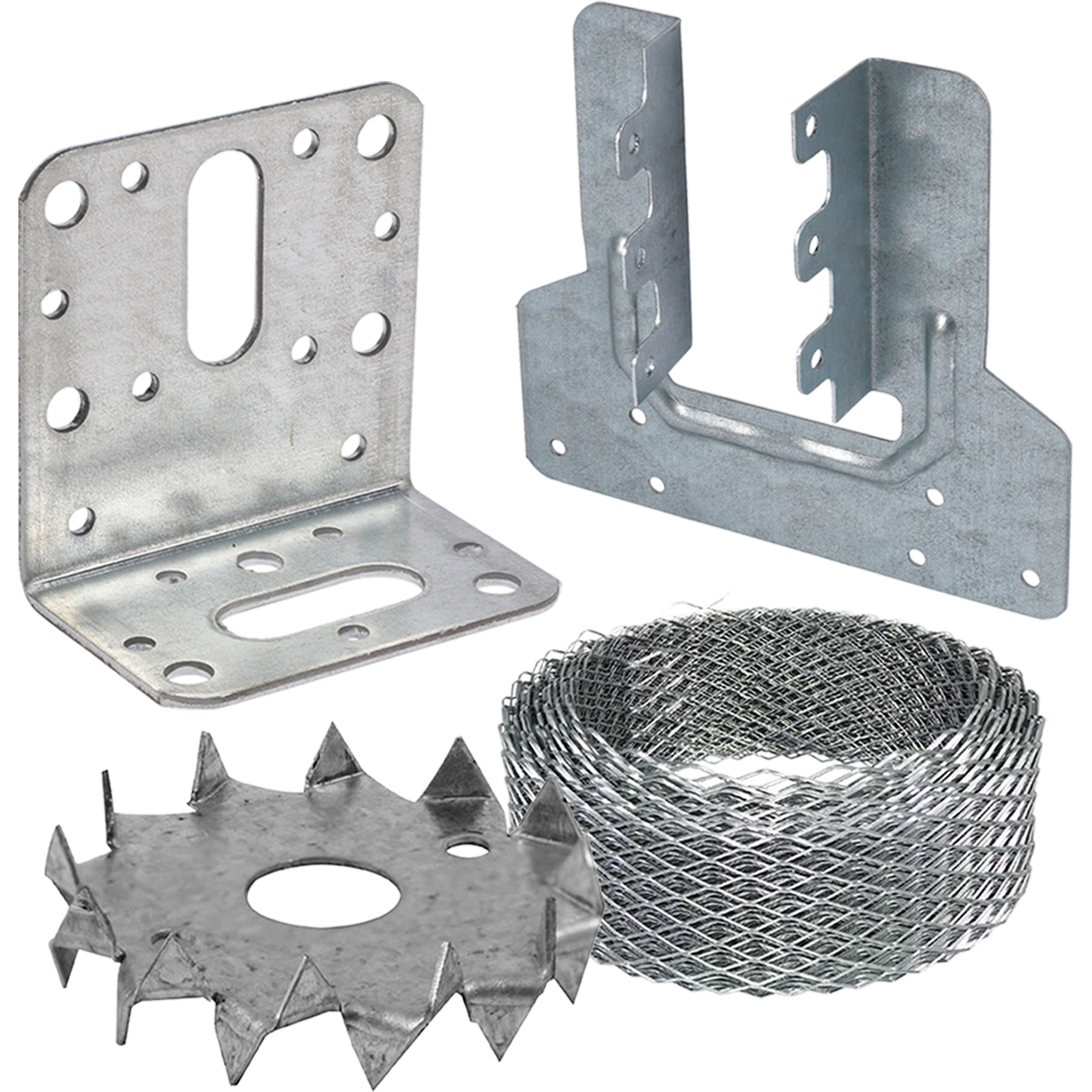 Structural Fixings including angle brackets, brick reinforcing coil, masonry joist hangers and muti-functional hangers.