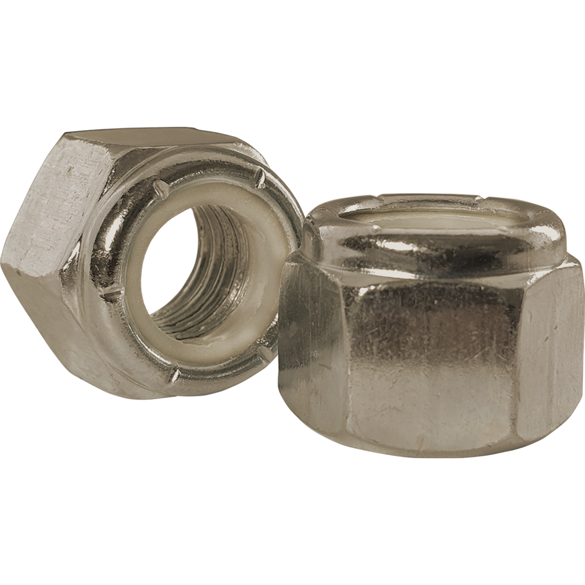UNC (Imperial Unified Coarse Thread), A2 stainless steel, nyloc nuts, also known as nylon insert nuts. 