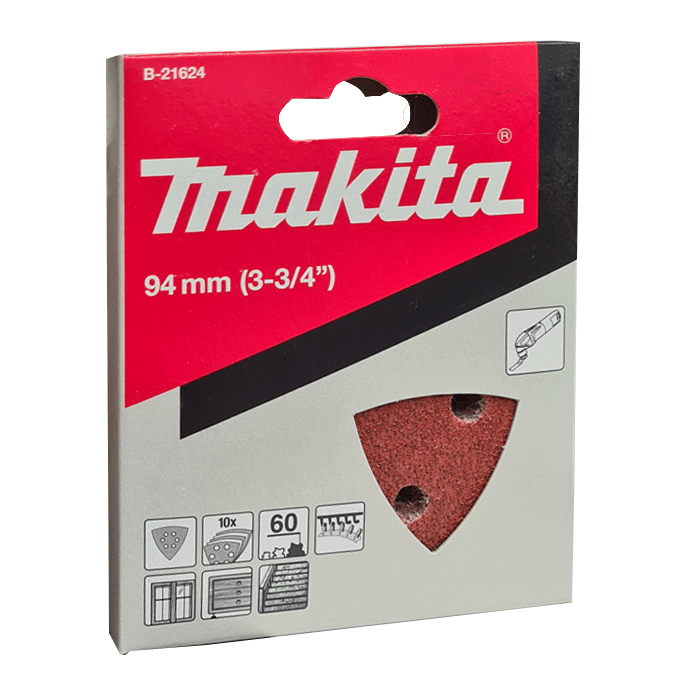 Makita 93mm triangular sanding sheets. Part of a larger range of sanding sheets from Fusion Fixings