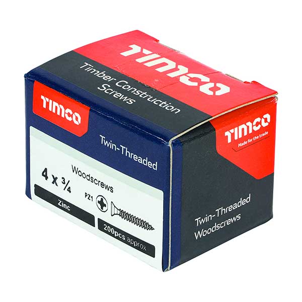 Timco product box image for the 4 x 3/4” (3 x 20mm) Pozi Countersunk Twin Thread Wood Screws BZP - Box of 200, 00434CWZ