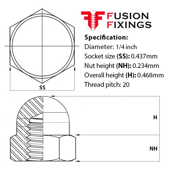 Size guide 1/4 Inch (20) UNC Hexagon Dome Nut A2 (304) Stainless Steel, SAE J483A