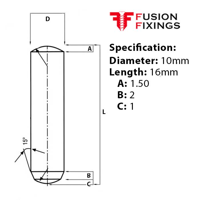 10 x 16mm Dowel Pin, Hardened & Ground Steel, Self-Colour, DIN 6325
