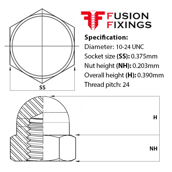 Size guide for the 10-24 UNC Hexagon Dome Nut A2 (304) Stainless Steel, SAE J483A