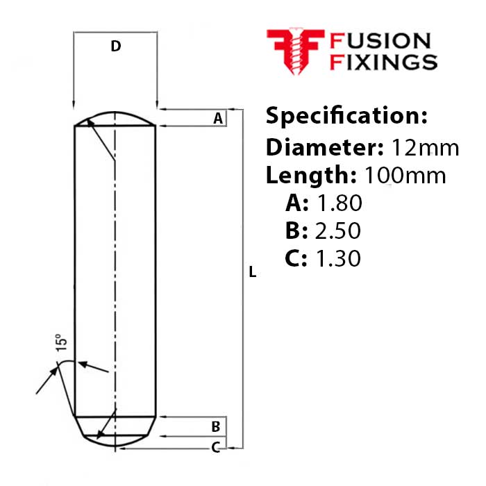 12 x 100mm Dowel Pin, Hardened & Ground Steel, Self-Colour, DIN 6325