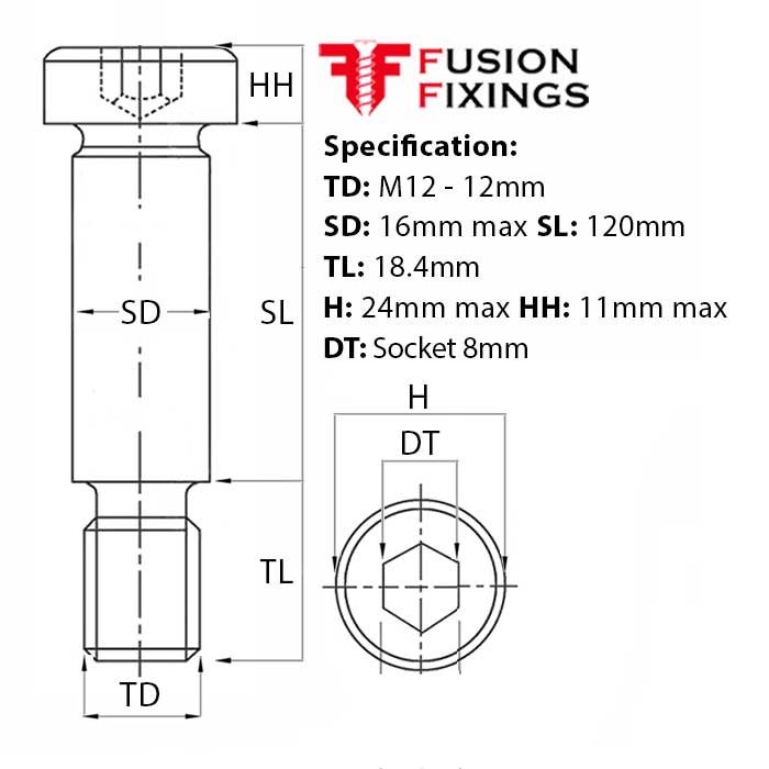 M12 (16mm) x 120mm Socket Cap Shoulder Screws, Self-Colour, Grade 12.9, ISO 7379