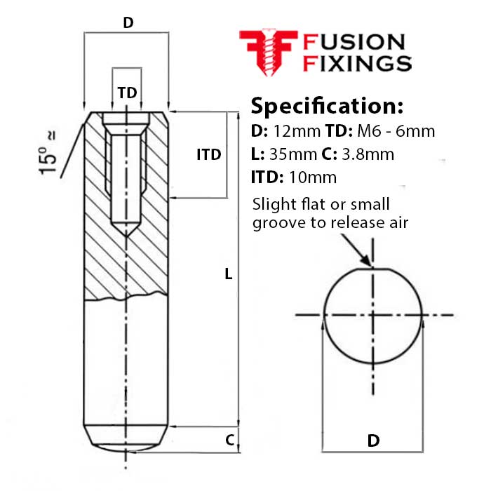 12mm (M6) x 35mm Extractable Dowel Pin, Metric, Hardened & Ground Steel, Self-Colour, DIN 7979D