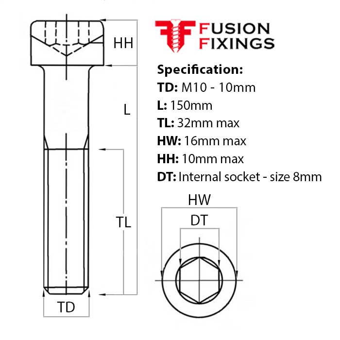 M10 x 150mm Socket Cap Head Screw / Bolt, A2 (304) Stainless Steel DIN 912