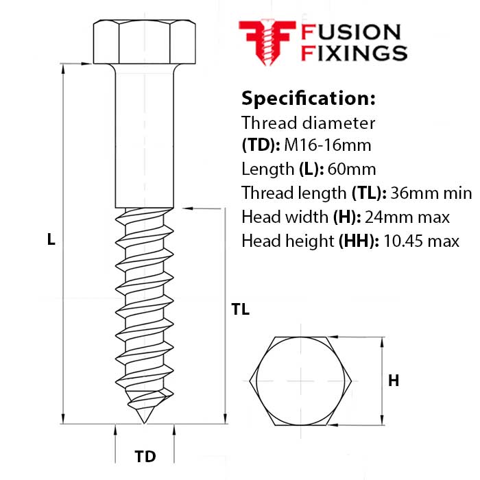M16 x 60mm Hex Head Coach Screw, mild steel, BZP, DIN 571