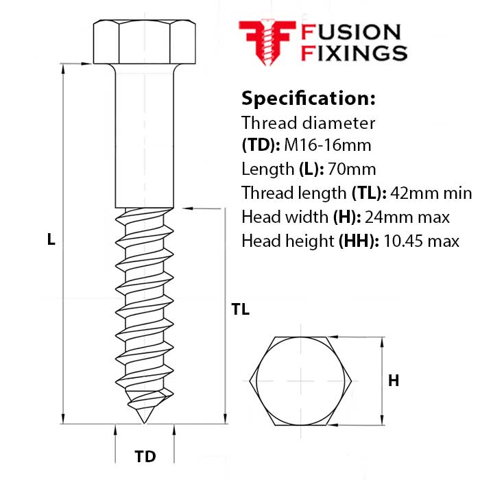 M16 x 70mm Hex Head Coach Screw, mild steel, BZP, DIN 571
