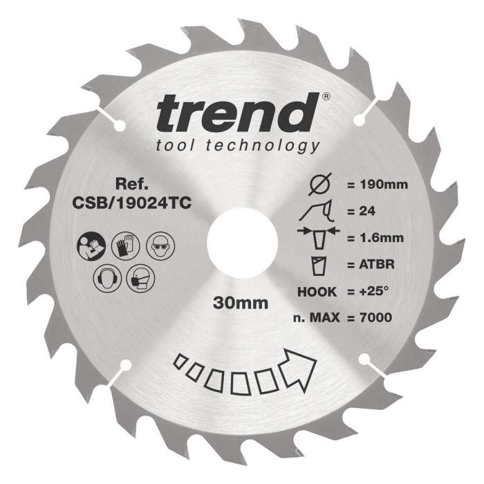 Trend Circular Saw Blade 190mm Dia. 24 Teeth 30mm Bore CSB/19024TC - CLEARANCE