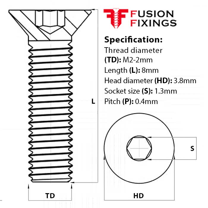 Size guide for the M2 × 8mm Socket Countersunk Machine Screw, A2 Stainless Steel – ISO 10642