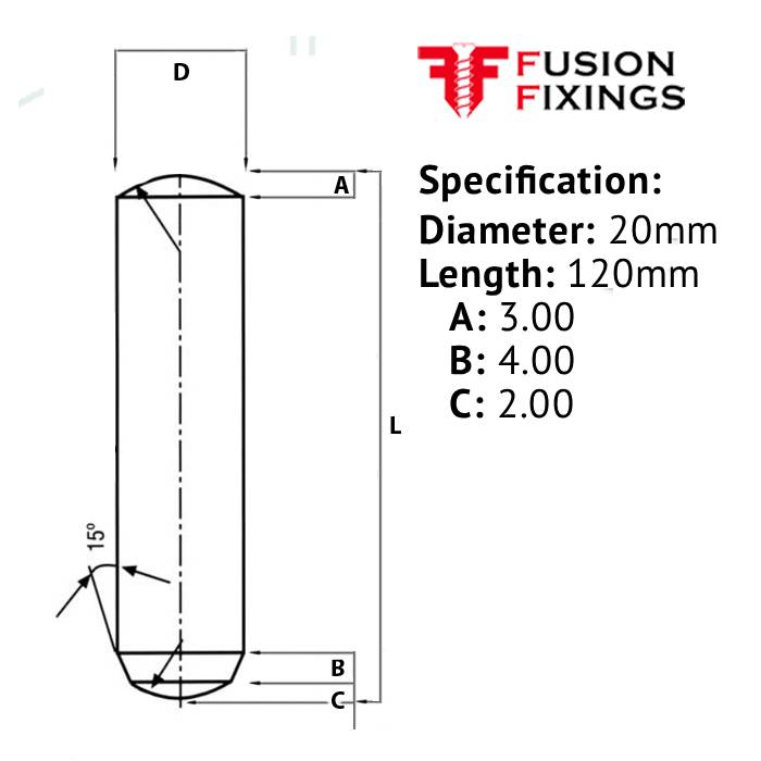 20 x 120mm Dowel Pin, Hardened & Ground Steel, Self-Colour, DIN 6325