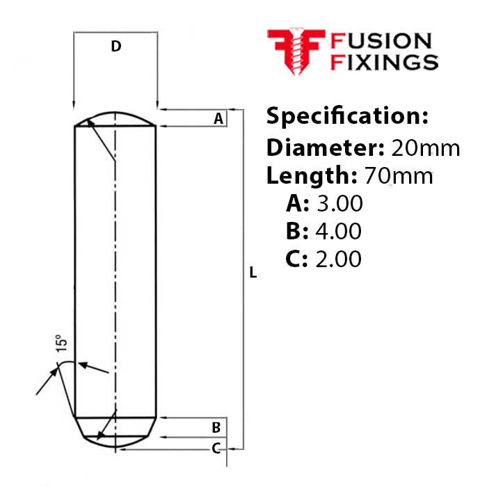 20 x 70mm Dowel Pin, Hardened & Ground Steel, Self-Colour, DIN 6325