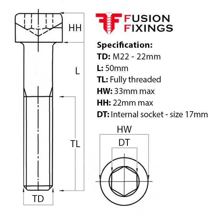 M22 x 50mm Socket Cap Head Screw / Bolt, A2 (304) Stainless Steel DIN 912