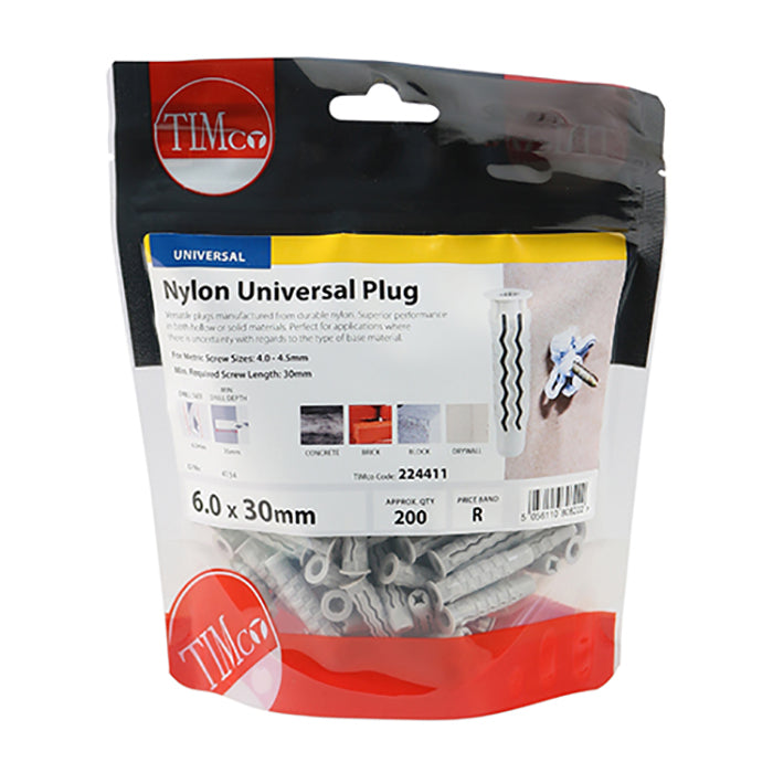 Bag of 200, 6 x 30mm universal wall plugs
