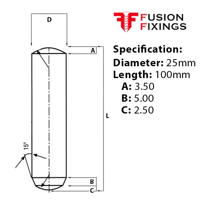 25 x 100mm Dowel Pin, Hardened &amp; Ground Steel, Self-Colour, DIN 6325