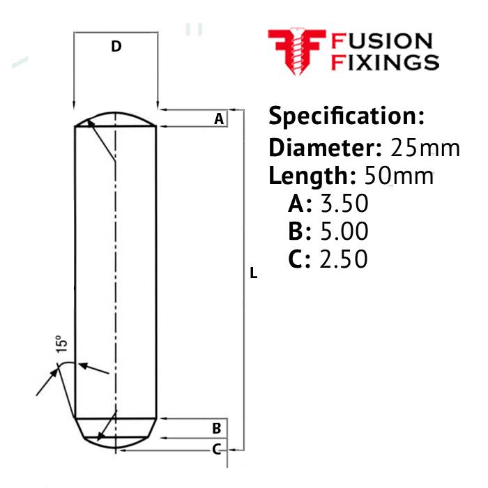 25 x 50mm Dowel Pin, Hardened & Ground Steel, Self-Colour, DIN 632