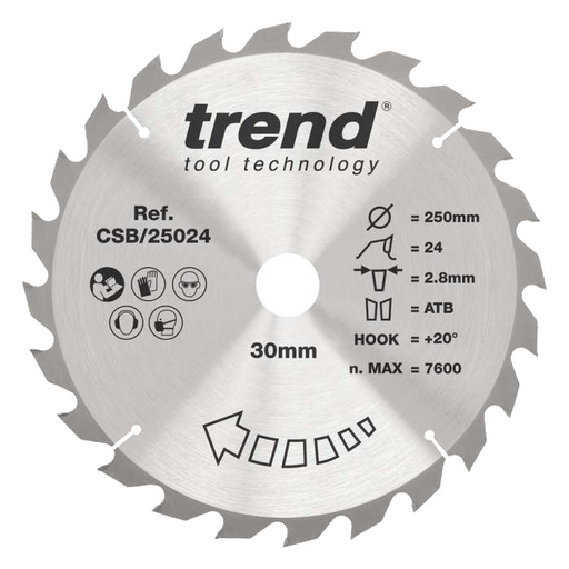 Trend Circular Saw Blade 250mm Dia. 24 Teeth 30mm Bore CSB/25024 - CLEARANCE
