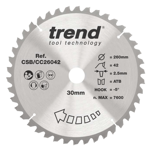Trend Circular Saw Blade 260mm Dia. 42 Teeth 30mm Bore CSB/CC26042 - CLEARANCE