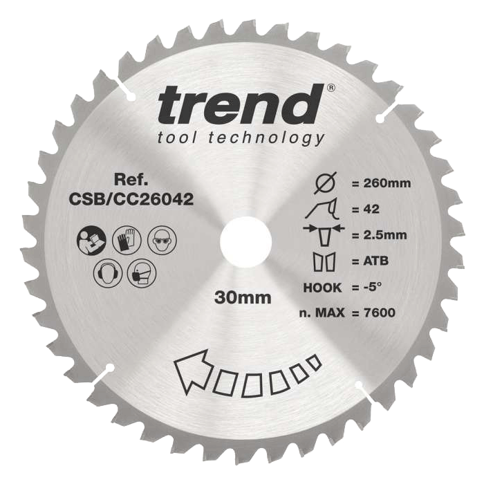 Trend Circular Saw Blade 260mm Dia. 42 Teeth 30mm Bore CSB/CC26042 - CLEARANCE
