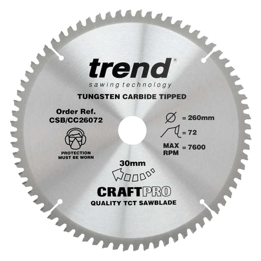 Trend CraftPro Wood Mitre Circular Saw Blade, 260mm x 30mm x 72T (CSB/CC26072) CLEARANCE