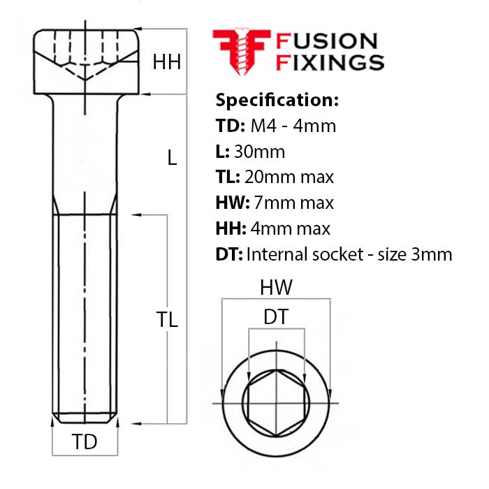 M4 x 30mm Socket Cap Head Screw / Bolt, A2 (304) Stainless Steel DIN 912