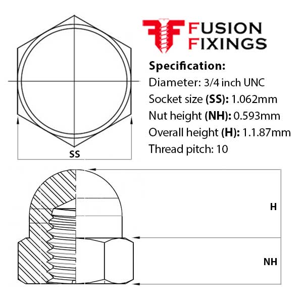 Size guide for the 3/4 Inch (10) UNC Hexagon Dome Nut A2 (304) Stainless Steel, SAE J483A