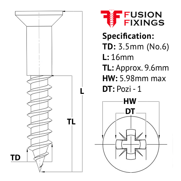 Size guide for the 3.5 (No.6) x 16mm Pozi Countersunk Wood Screw, A2 Stainless Steel, DIN 7997