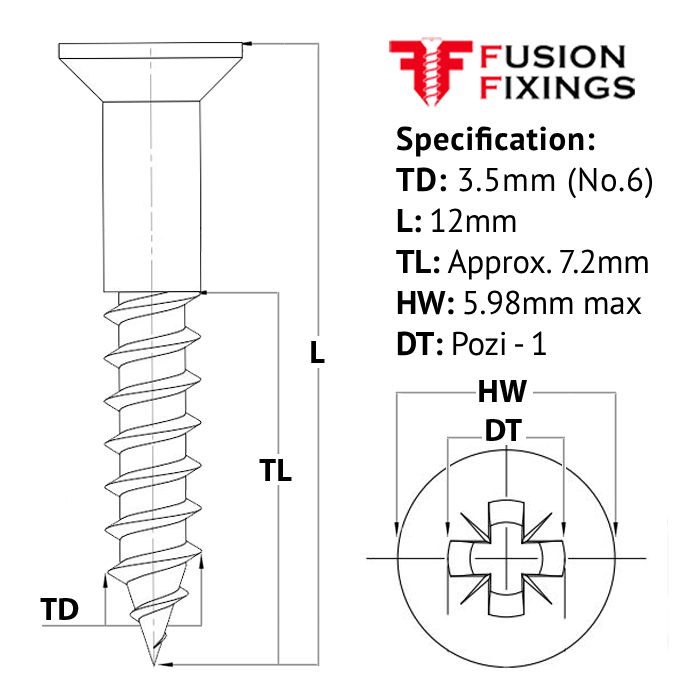 Size guide for the 3.5 (No.6) x 12mm Pozi Countersunk Wood Screw, A2 Stainless Steel, DIN 7997