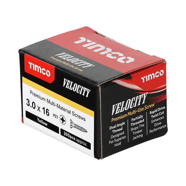 3 x 16mm Timco Velocity Wood Screws, Pozi, Countersunk, ZY, Box of 200 (30016VY)